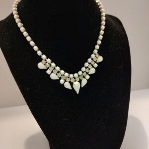 Vintage White Milk Glass Look And Clear Rhinestone Necklace